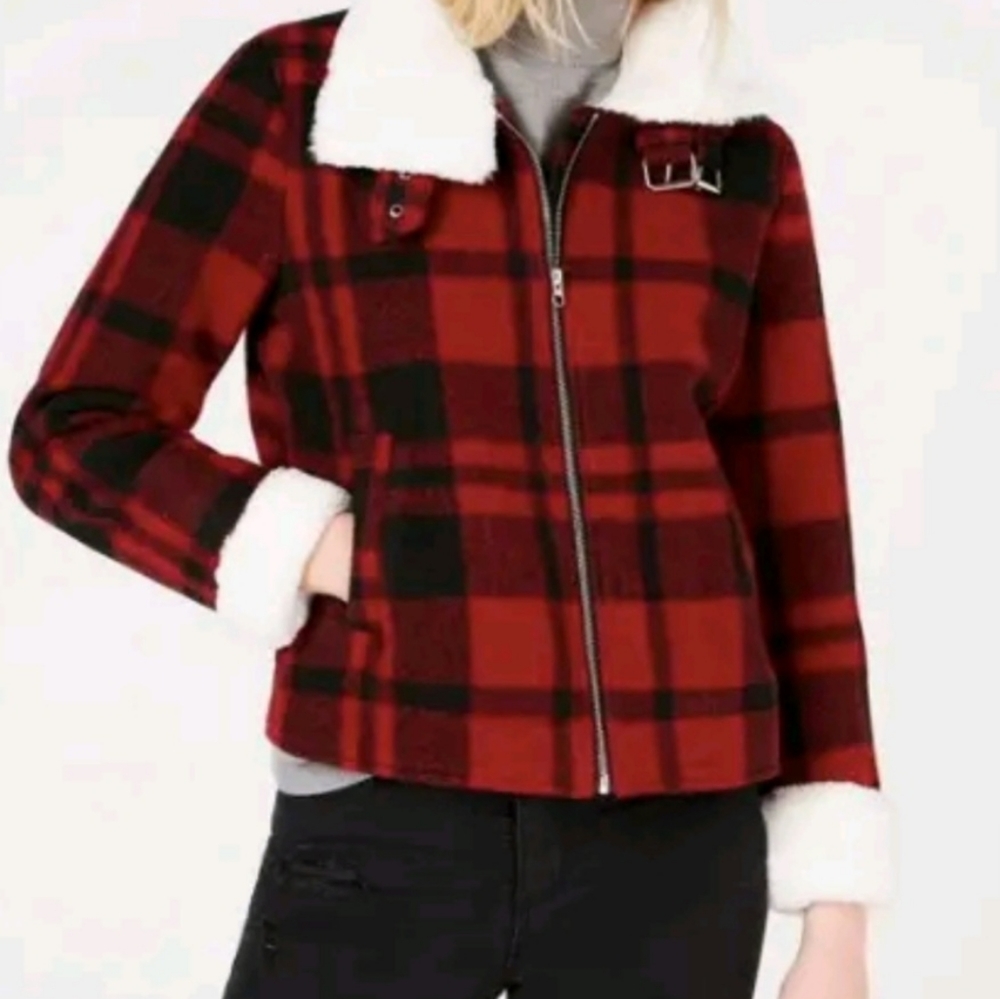 CoffeeShop 2X Woven Pointed & Belted Collar Faux Fur Zip Front 2-Pocket Jacket